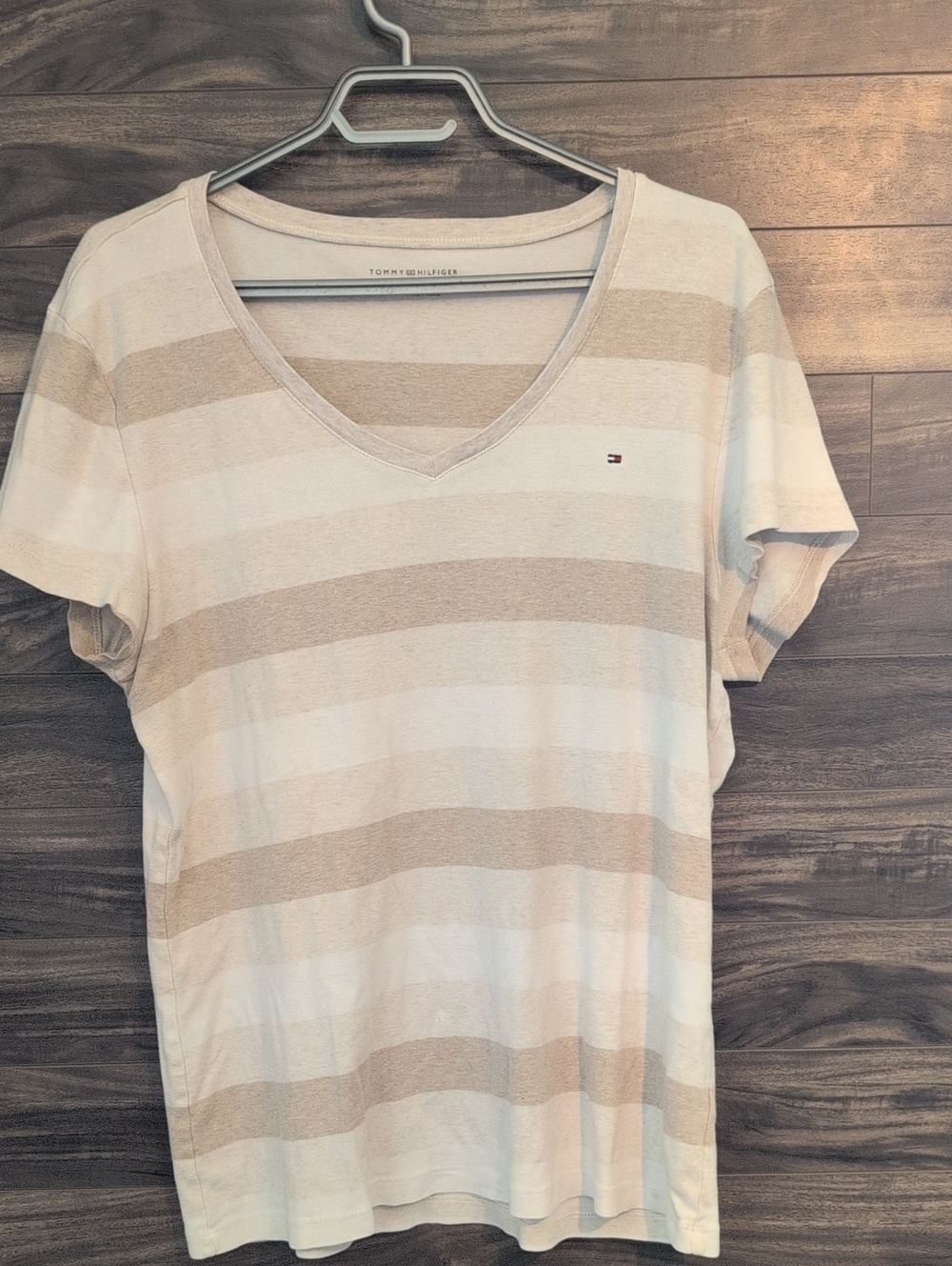 Tommy Hilfiger Beige & Cream Striped V-Neck Short Sleeve Tee